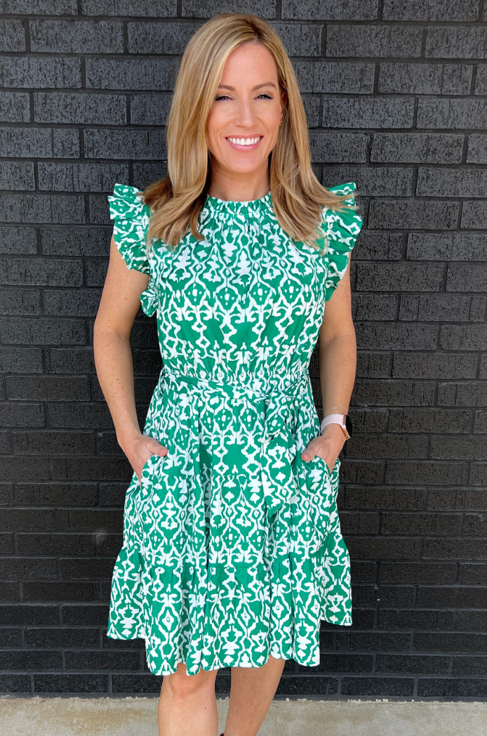 Belted Print Nursing Dress in Green - front