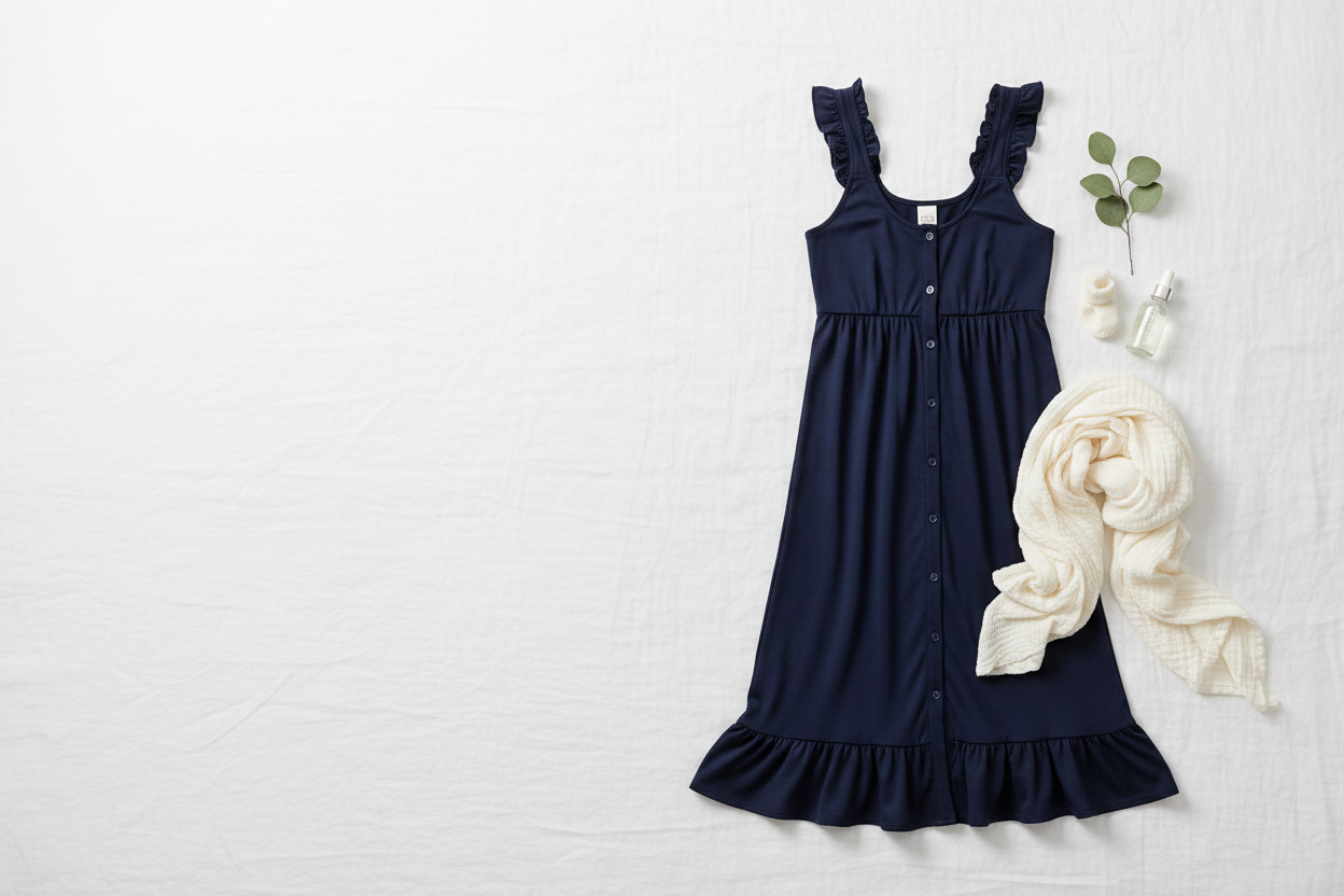 Navy blue labor gown with ruffled straps and hem on a white background