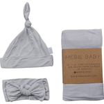 Gray baby hat, headband, and swaddle blanket with Mebie Baby branding on a white background.
