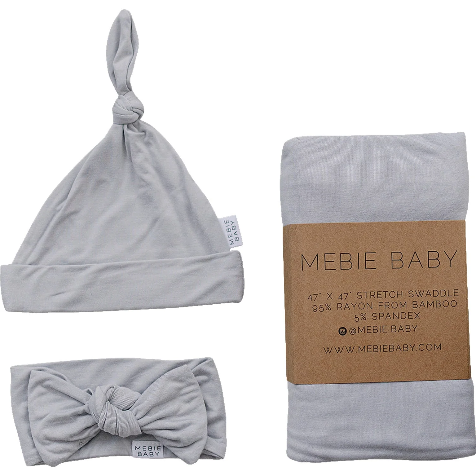 Gray baby hat, headband, and swaddle blanket with Mebie Baby branding on a white background.