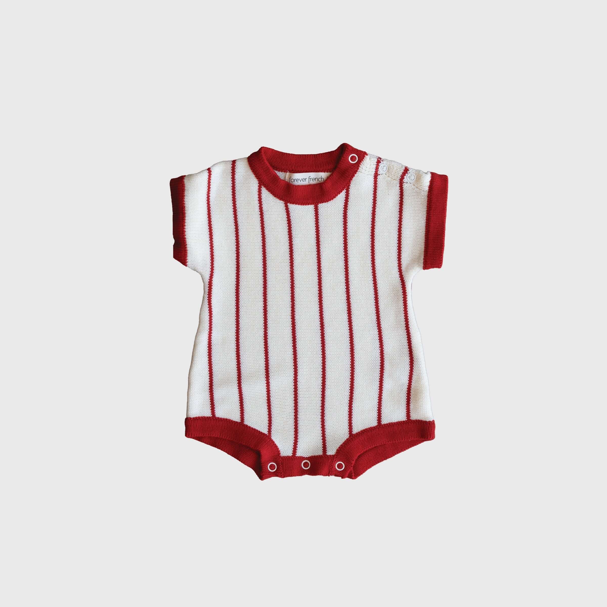 Picnic Pinstripe | Knit Romper in red and white stripes, perfect for everyday wear and easy diaper changes.
