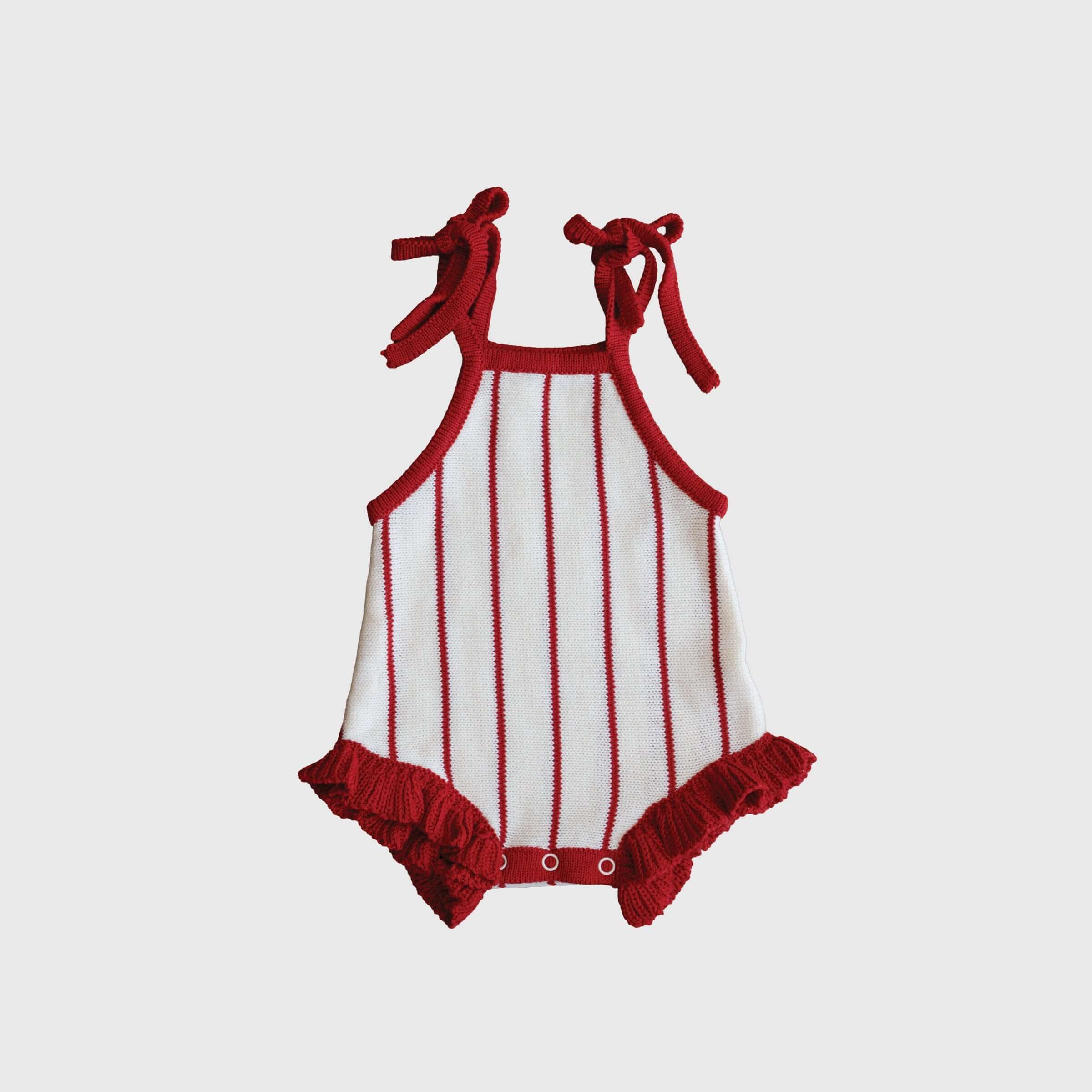 Picnic Pinstripe | Knit Ruffle Romper featuring red and white stripes and ruffle details for playful comfort.