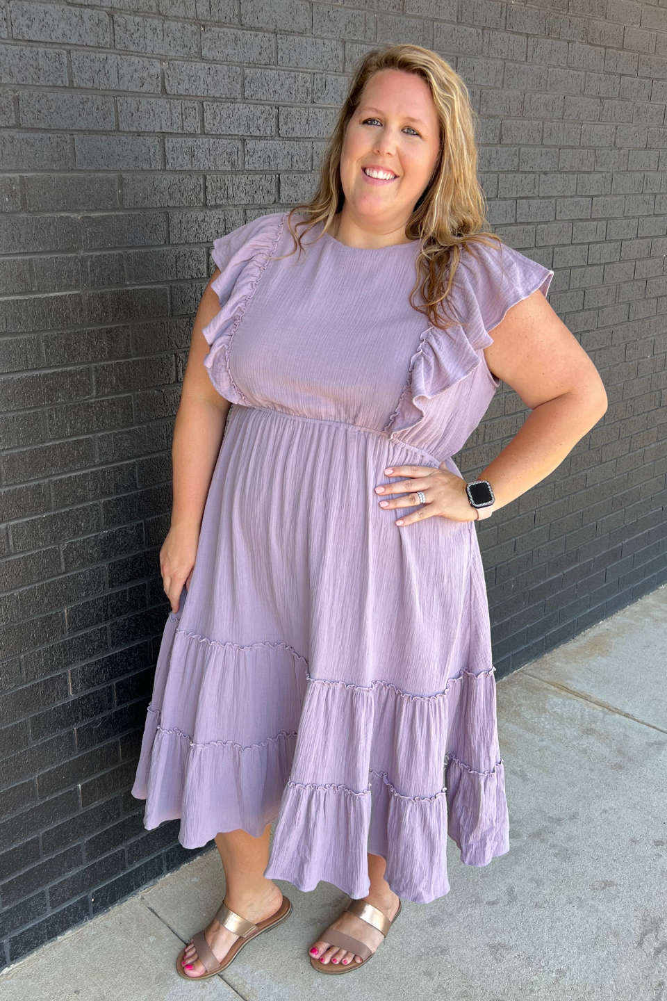 Cotton Gauze Ruffle Midi Dress in Lavender - plus size styled