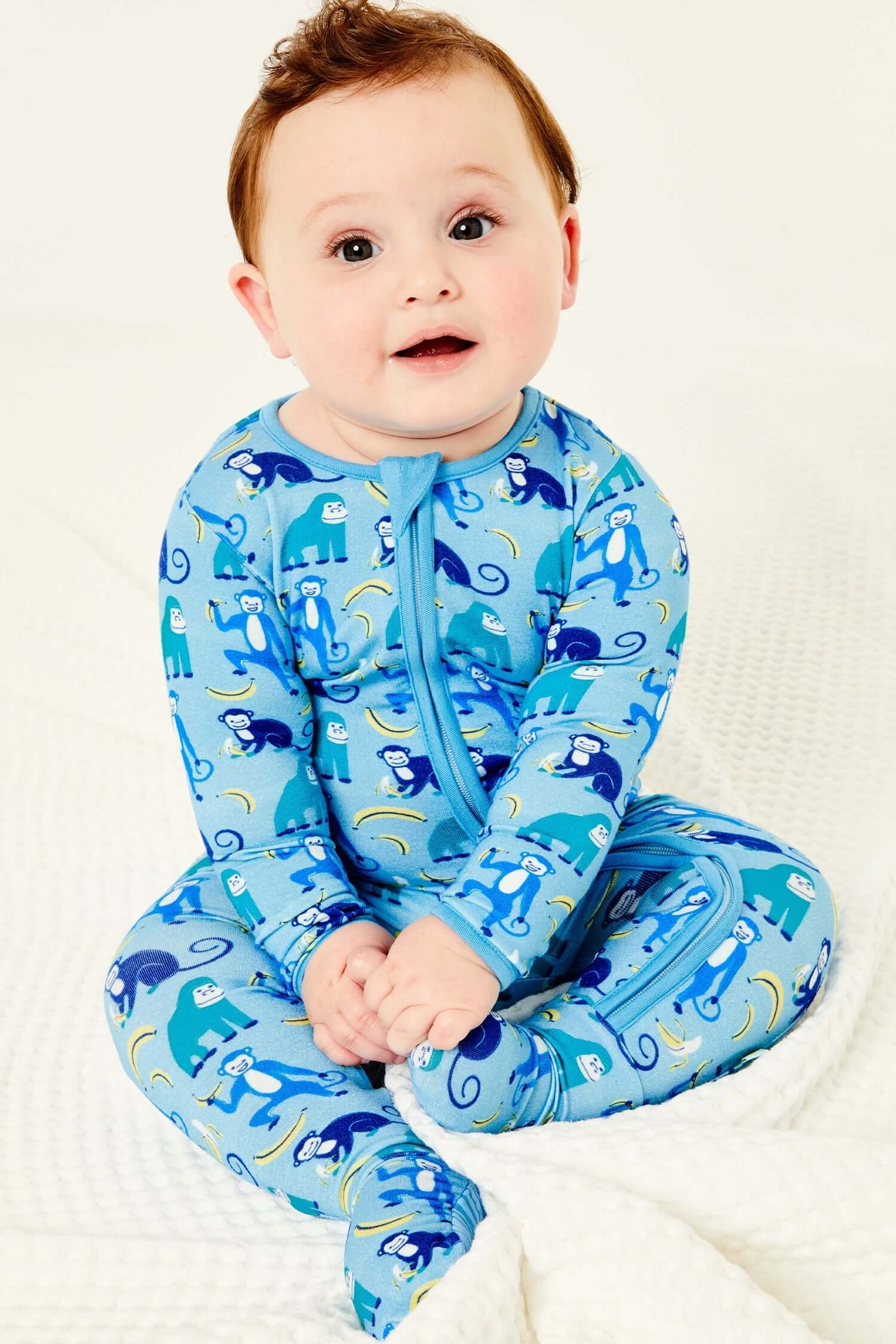 Soft & Stretchy Zipper Footie - Monkeying Around Blue | Milk & Baby