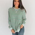 Oversized fit freestyle stripe breastfeeding sweatshirt in green and white, perfect for nursing mothers.