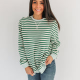 Oversized fit freestyle stripe breastfeeding sweatshirt in green and white, perfect for nursing mothers.