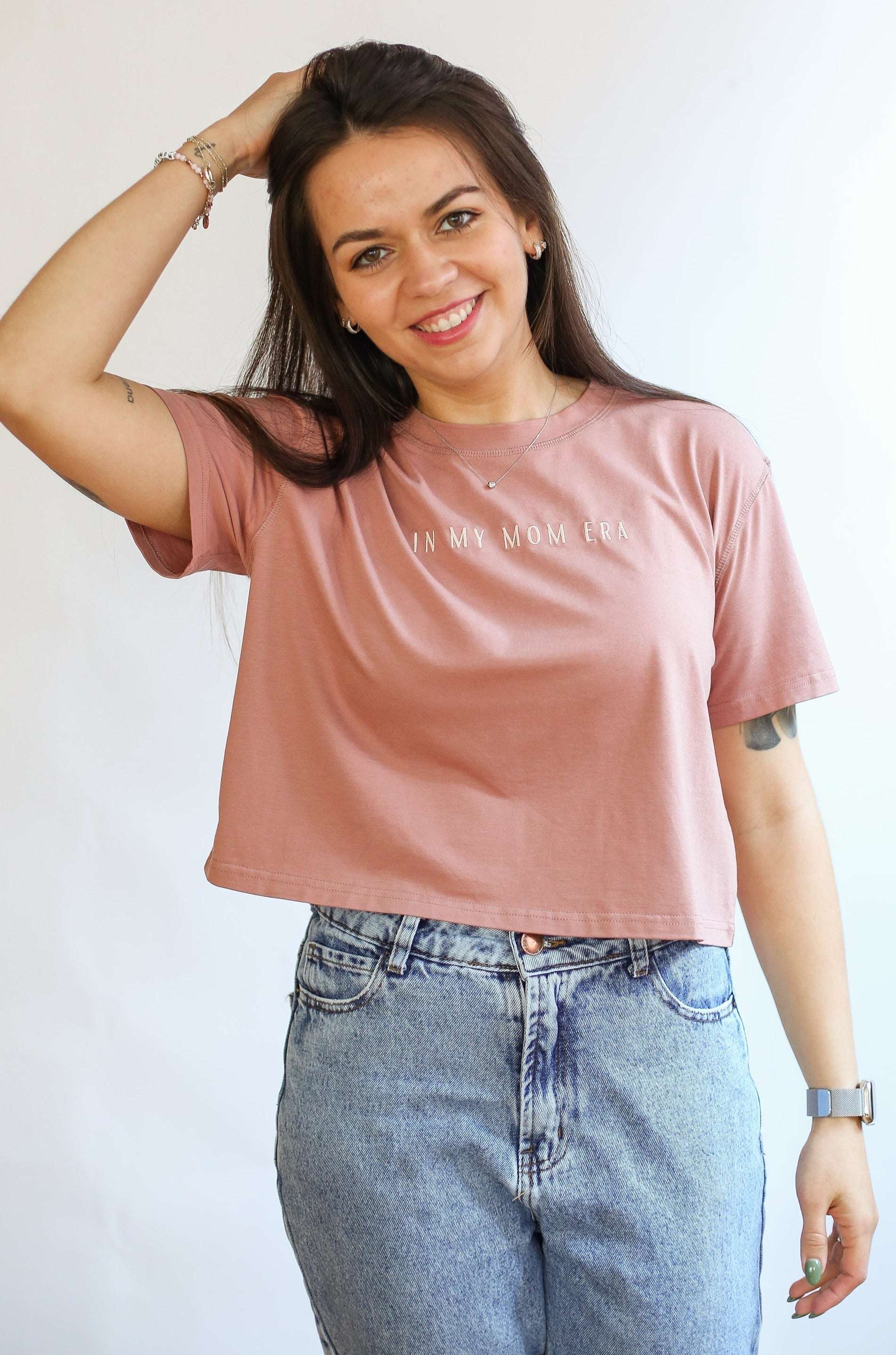 Cropped Embroidered BF Friendly Tee Milk & Baby
