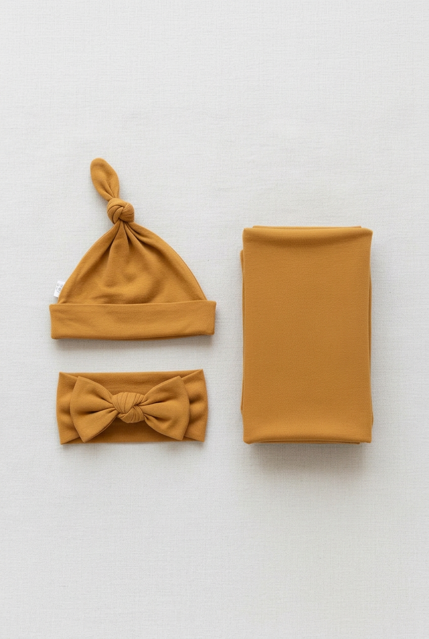 Mustard swaddle set in portrait format with extra space