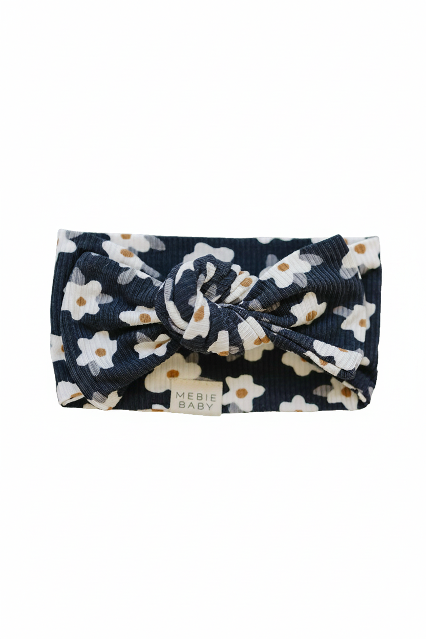 Navy Daisy Ribbed Bamboo Head Wrap - Portrait