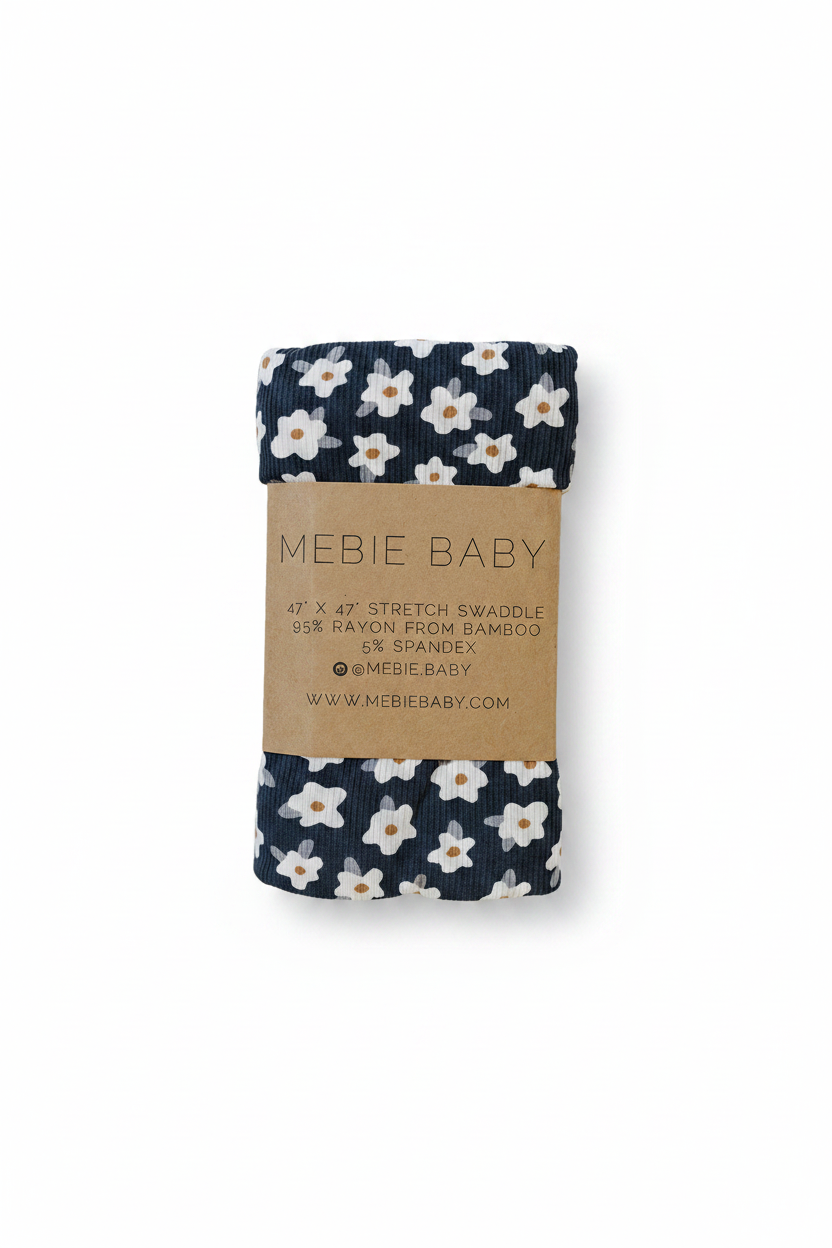 Navy Daisy Ribbed Bamboo Stretch Swaddle - Portrait