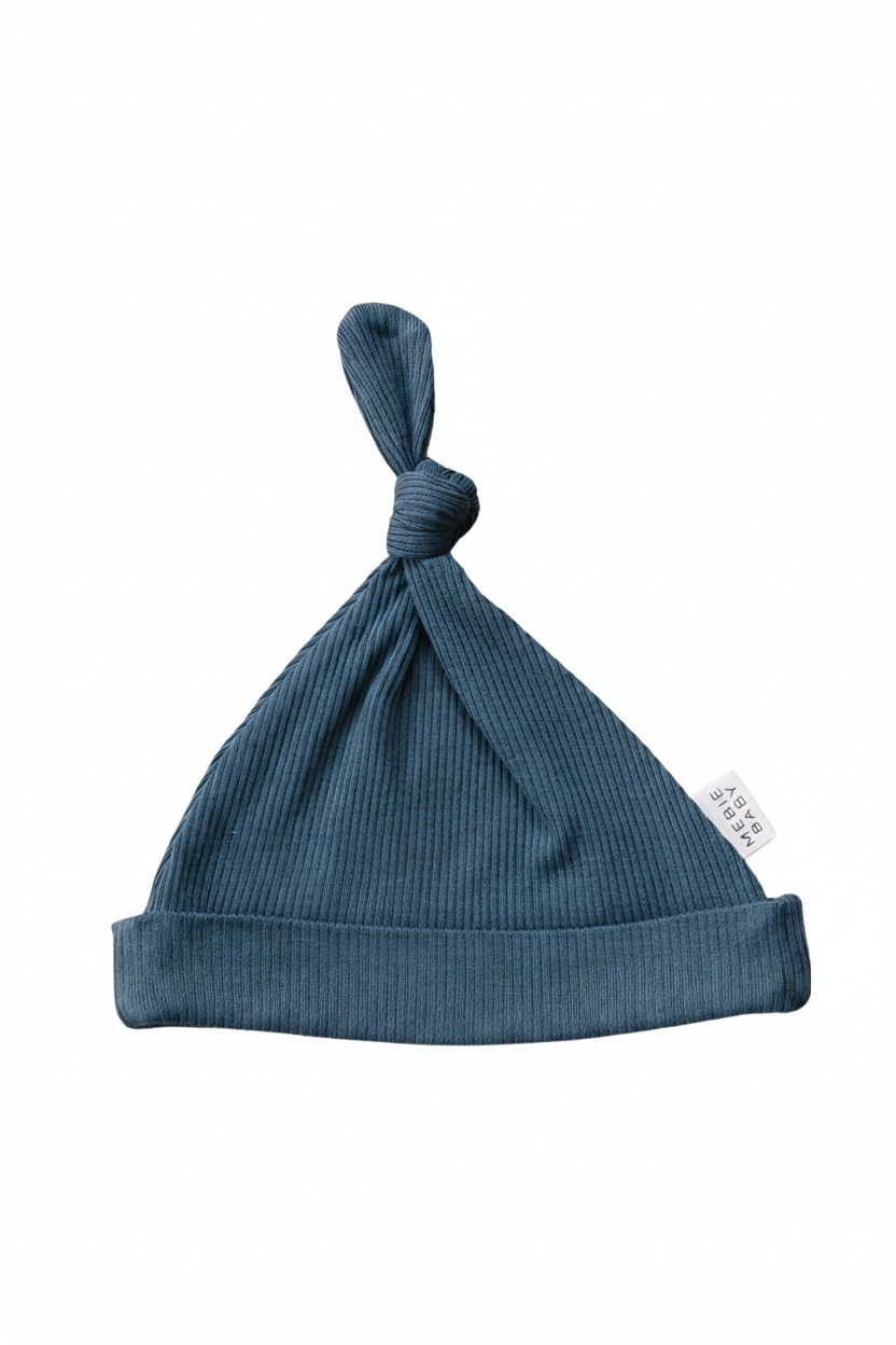 Navy Organic Ribbed Newborn Knot Hat - Portrait