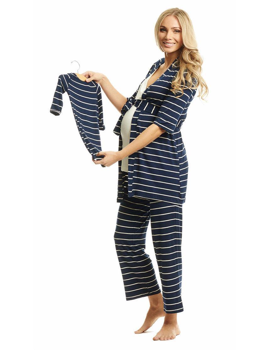 Navy Stripe Analise Maternity & Nursing Pajama and Baby Set - Milk & Baby 