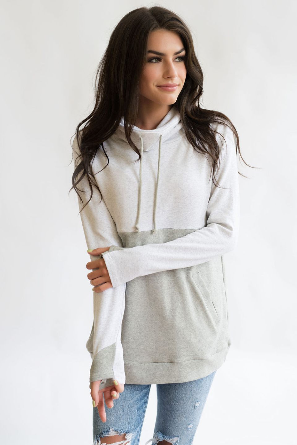 Nursing Queen Cowl Neck Colorblock Pullover in Light Gray