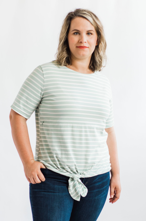 Striped Nursing T-Shirt With Front Tie | Mint/White Milk & Baby