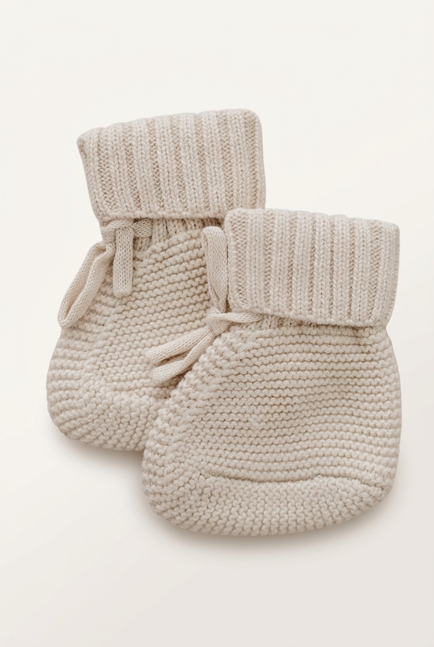 Oatmeal knit booties with more space and a subtle background