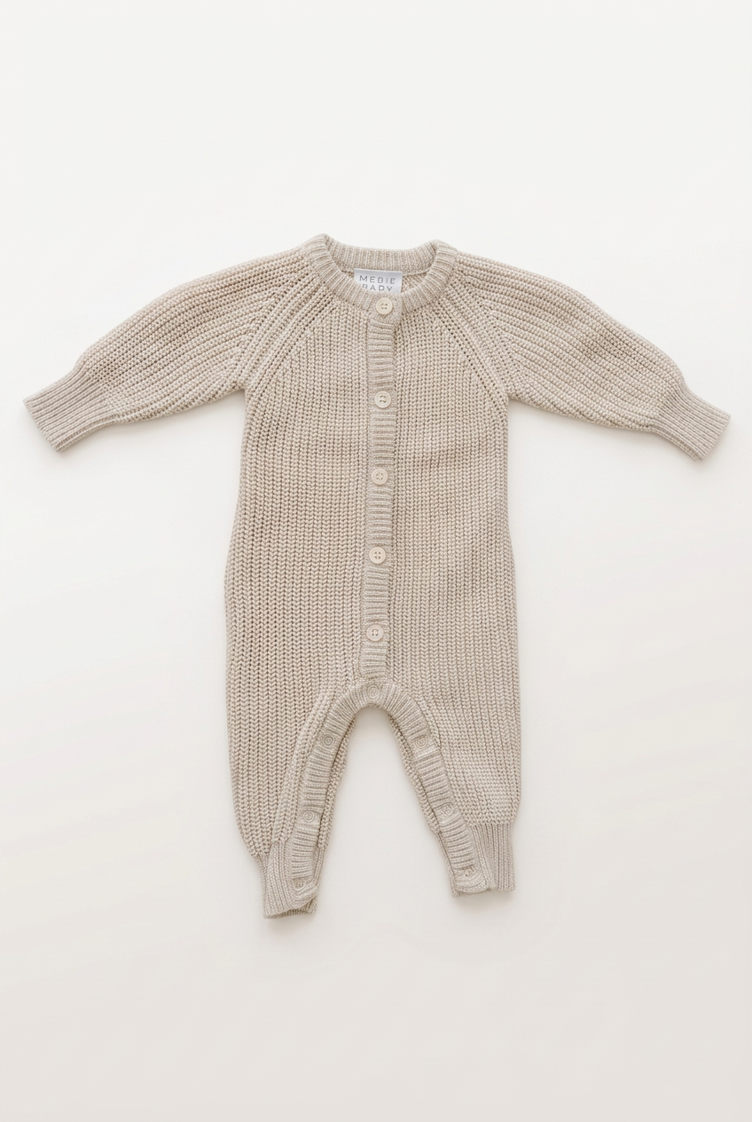 Oatmeal knit button romper with more space and a subtle background