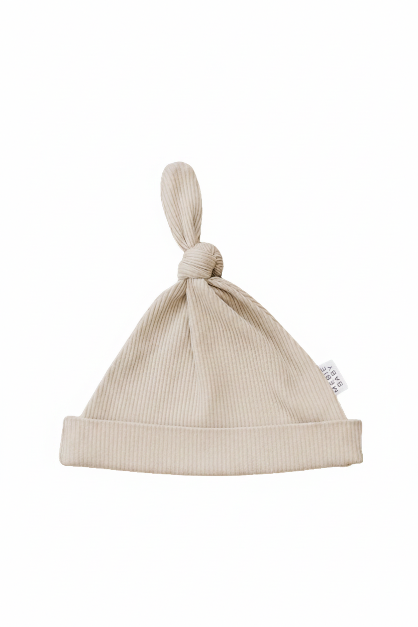 Oatmeal Organic Ribbed Newborn Knot Hat - Portrait
