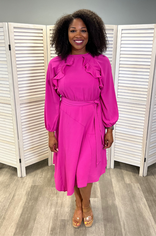 Long Sleeve Crepe Belted Midi Dress - Hot Fuchsia Milk & Baby