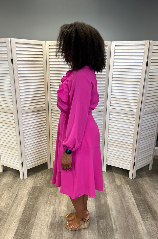 Long Sleeve Crepe Belted Midi Dress | Hot Fuchsia Milk & Baby