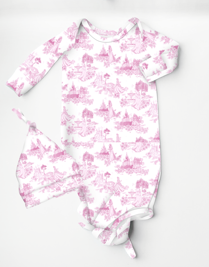 Princess Rose Toile - Bamboo Baby Knotted Gown with Beanie Milk & Baby
