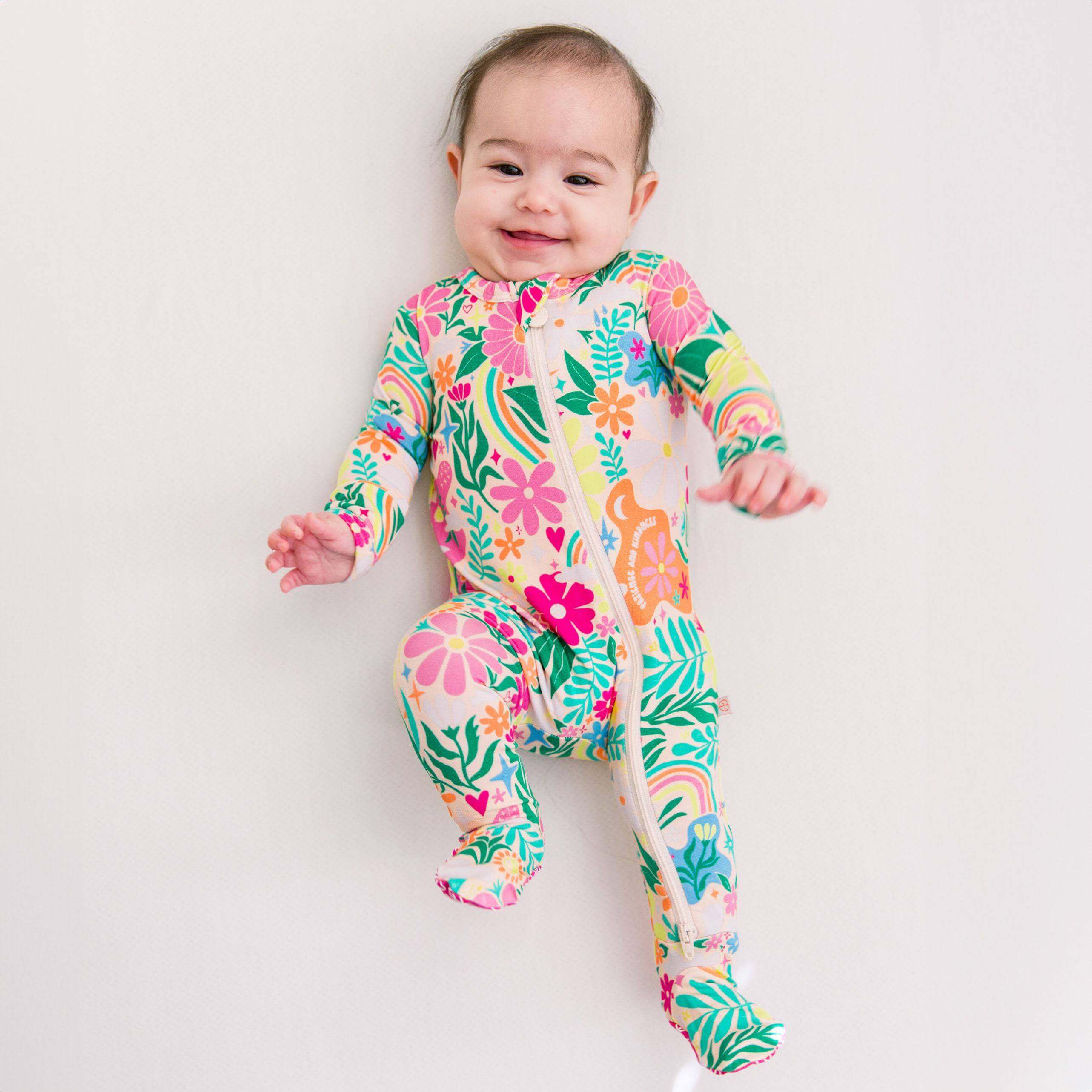 Rainbow Daisy Babe | Bamboo Footie Onesie Sleeper | "Patience & Kindness" | Milk & Baby