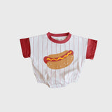 Hot Dogs | Short Sleeve Romper featuring cozy striped design and playful hot dog print for everyday comfort.
