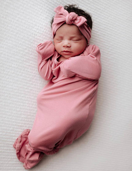 Rose Pink Knotted Gown Set (hat or bow) - Milk & Baby 