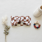 Rust Checkered Bamboo Head Wrap - Flat Lay