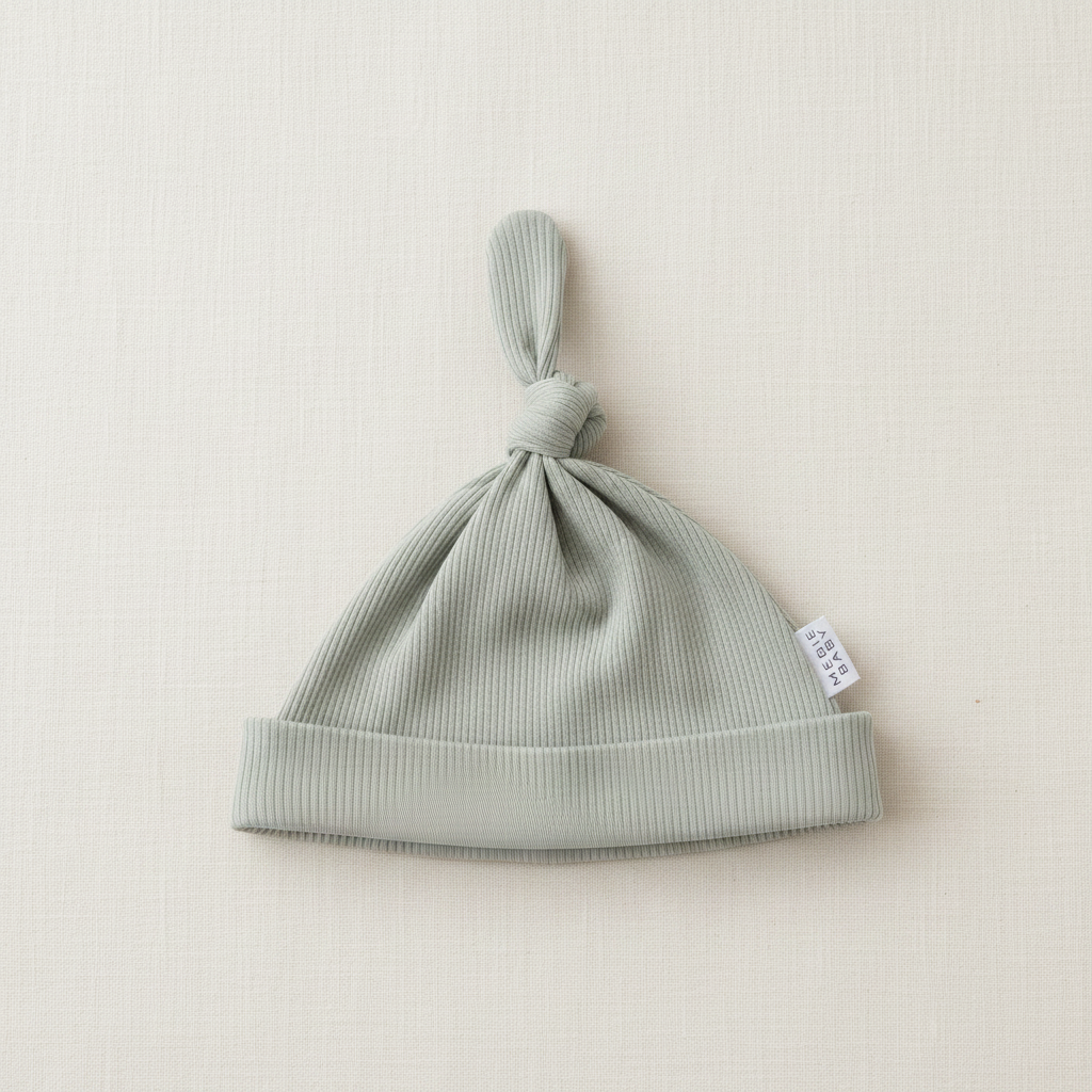 Sage Organic Ribbed Newborn Knot Hat - Minimal Flat Lay