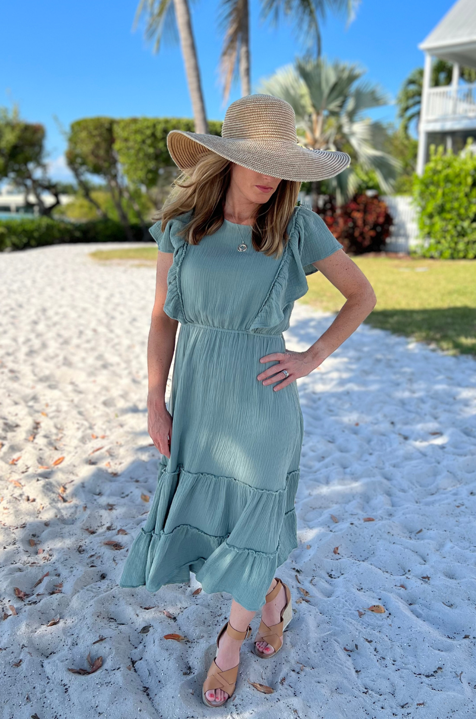 Cotton Gauze Ruffle Midi Dress in Seafoam Green - relaxed fit