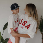 Mommy and child wearing matching USA Cotton Tees, perfect for festive occasions - USA Mommy & Me