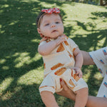 Baby wearing Hot Dogs | Shortie Bamboo Zip pajama, perfect for warm weather | milk & baby
