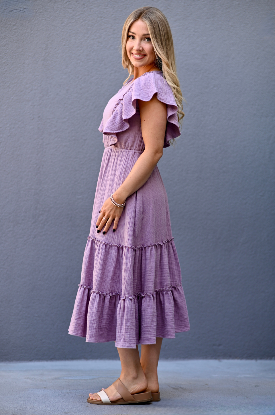 Cotton Gauze Ruffle Midi Dress in Lavender - side