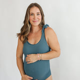 Ribbed One Piece Tie Shoulder Breastfeeding Swimsuit