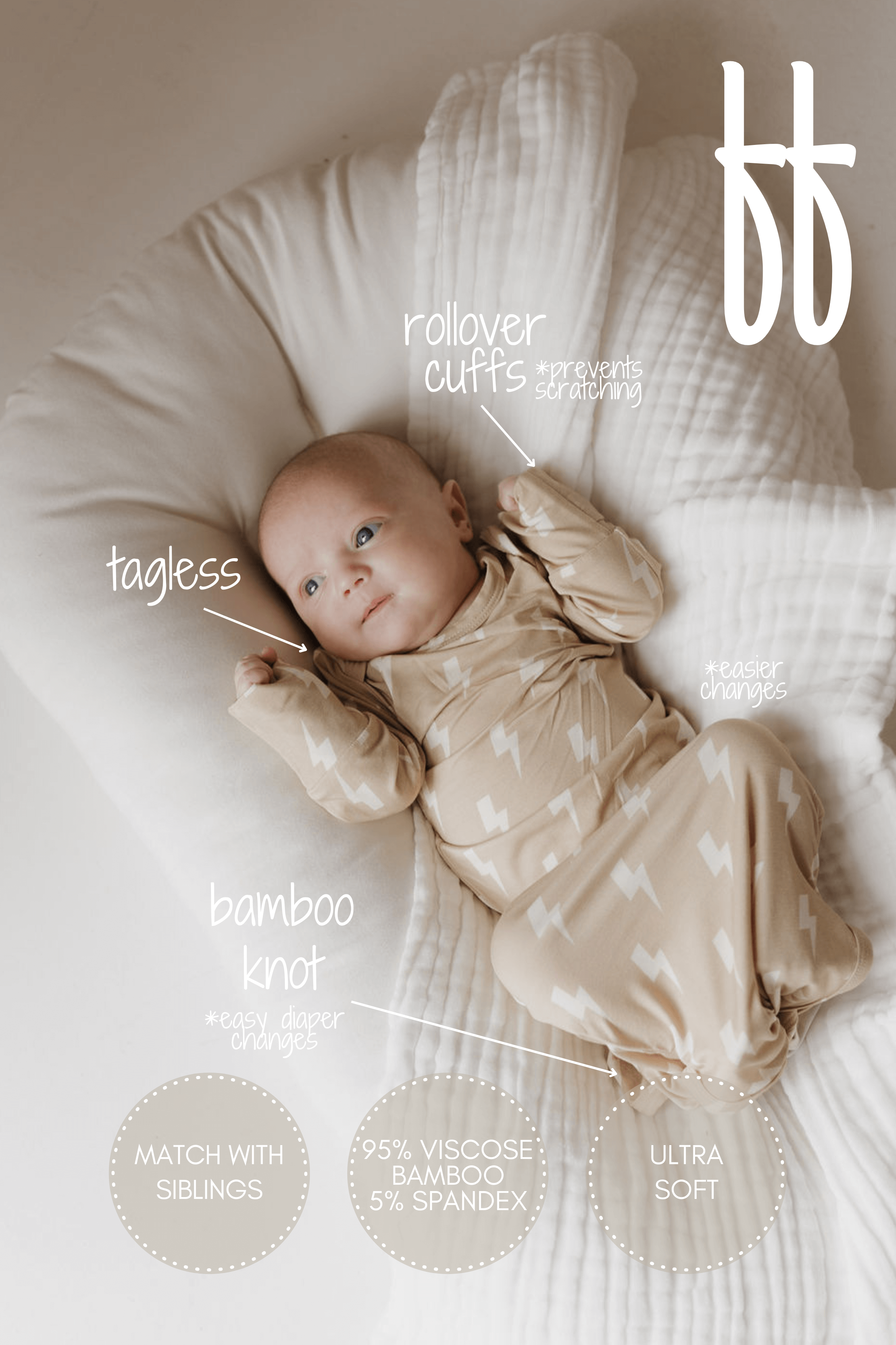 Tan Lightning Bolt | Bamboo Knotted Gown | Milk & Baby