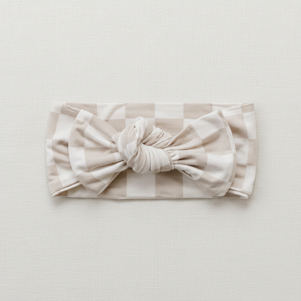 Taupe Checkered Bamboo Head Wrap - Minimal Flat Lay