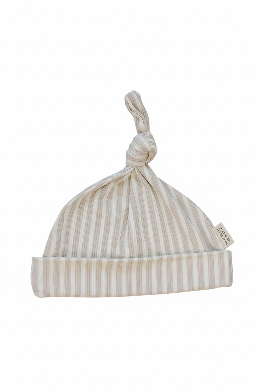 Taupe Stripe Ribbed Bamboo Newborn Knot Hat - Portrait
