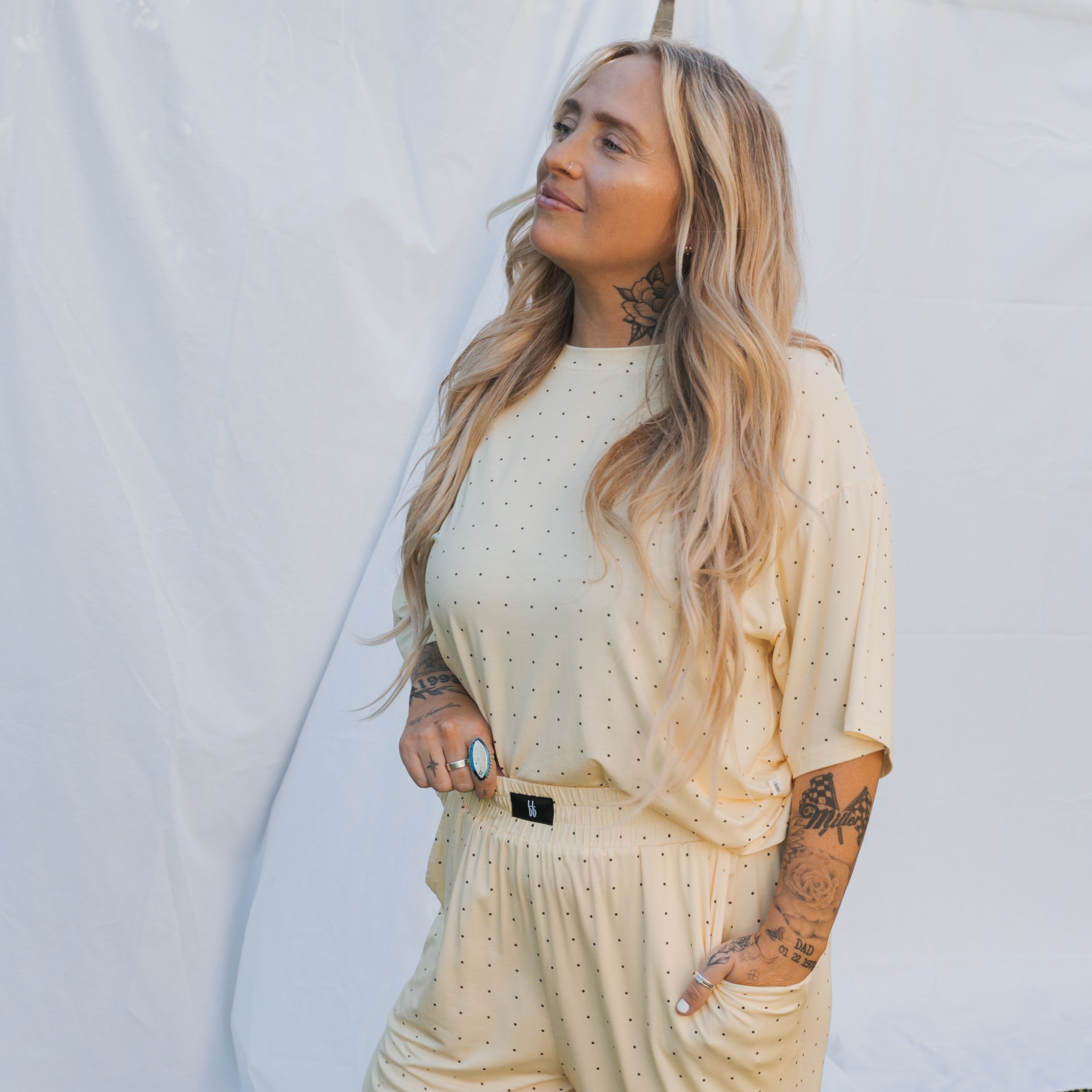 Model wearing Veda Women's Boxy Tee Lounge Set in a light color, showcasing comfort and style for lounging.