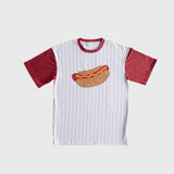 Hot Dogs | Adult Cotton Tee featuring graphic of a hot dog on a striped white and red t-shirt.