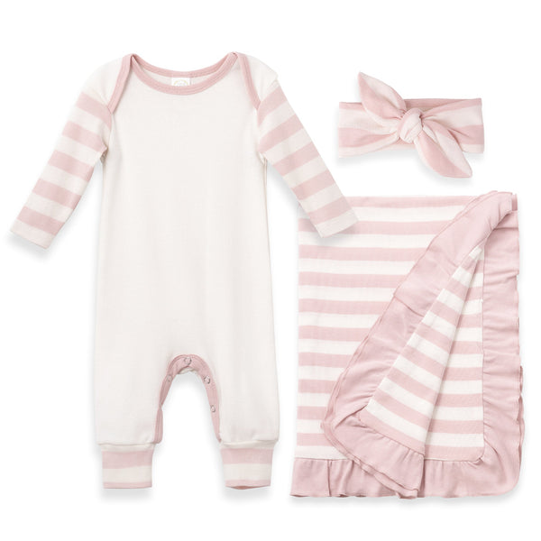 3-Pc Romper Gift Set Pink Stripes Milk & Baby