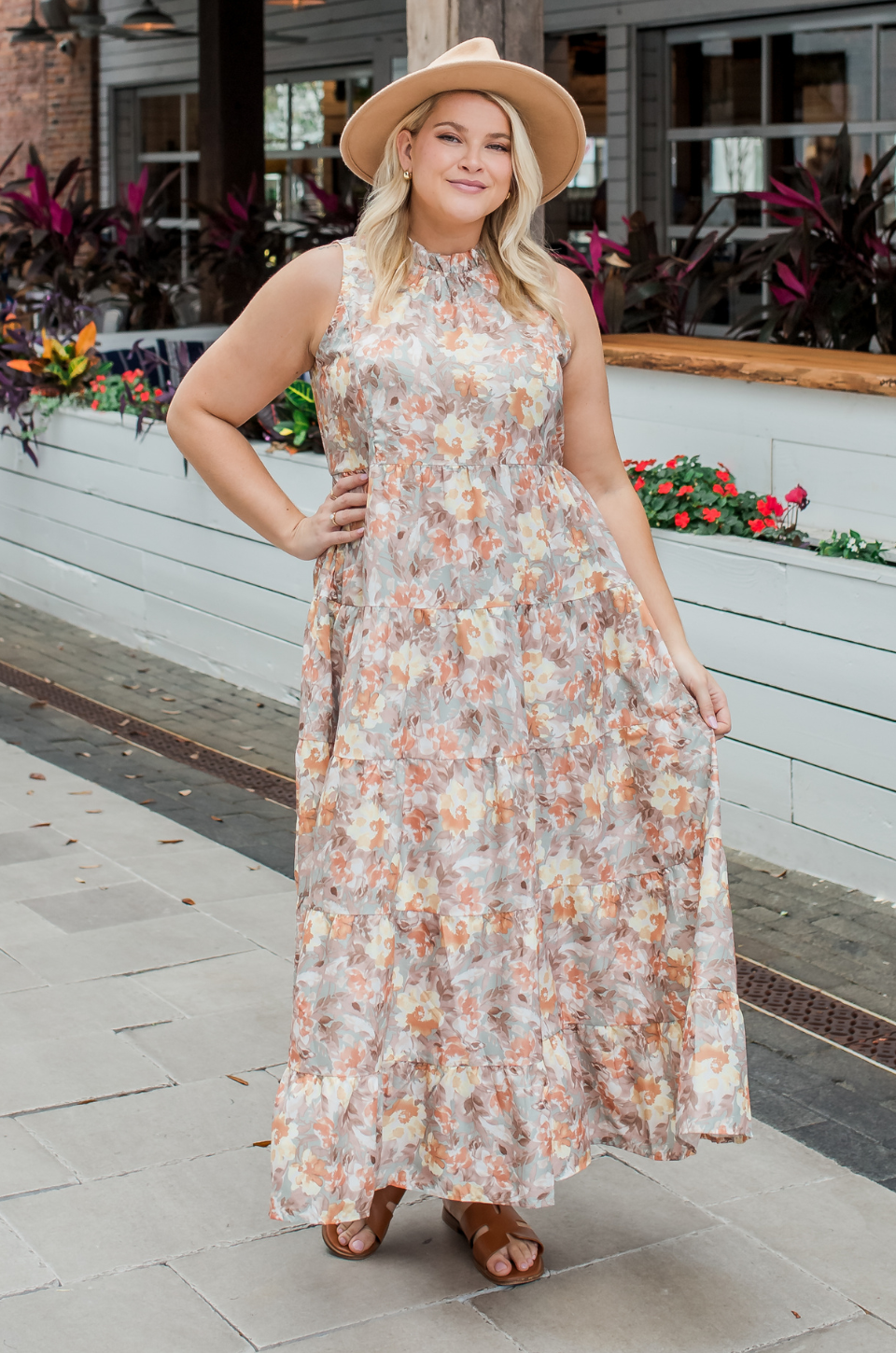 Tie Back Bow Nursing Dress in Sunset Floral - styled with hat