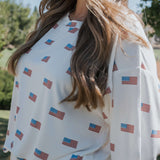 Americana |  Ribbed Women's Bamboo Short Set featuring a flag pattern on a soft, oversized t-shirt, perfect for warm weather.