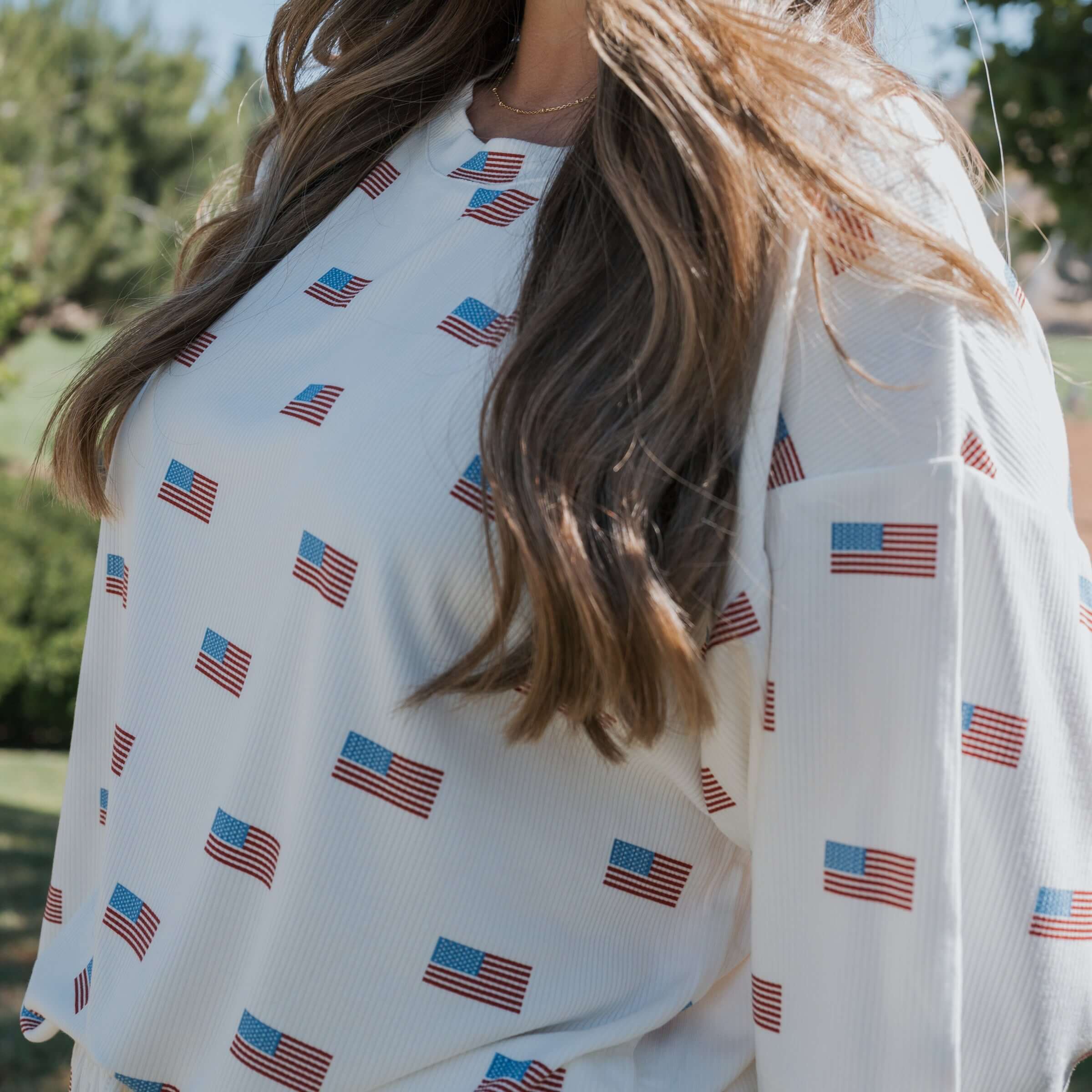 Americana |  Ribbed Women's Bamboo Short Set featuring a flag pattern on a soft, oversized t-shirt, perfect for warm weather.