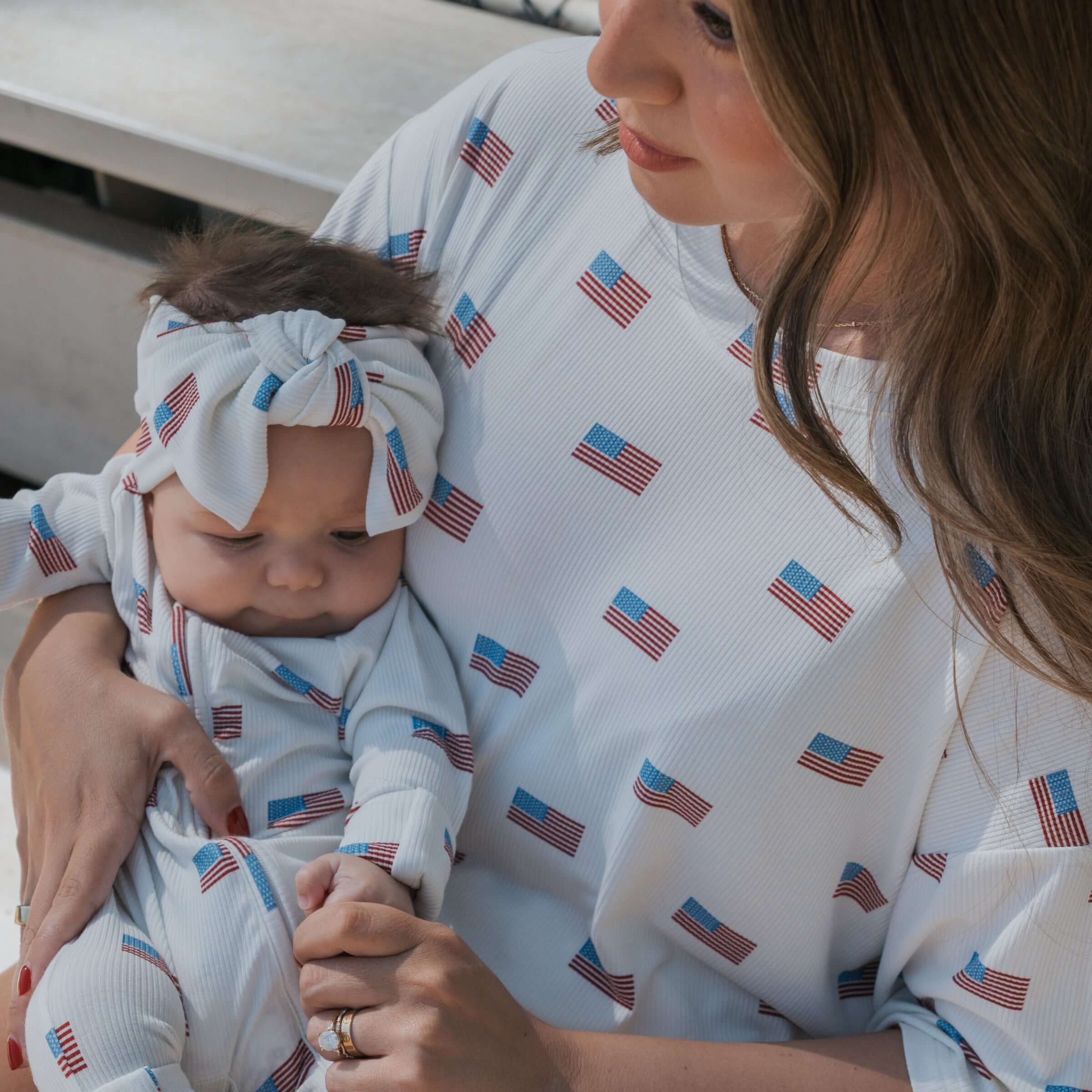 Americana |  Ribbed Women's Bamboo Short Set - Mom and baby matching outfits with American flag design
