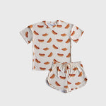 Hot Dogs | Women's Bamboo Short Set featuring a fun hot dog print on a soft t-shirt and matching shorts.