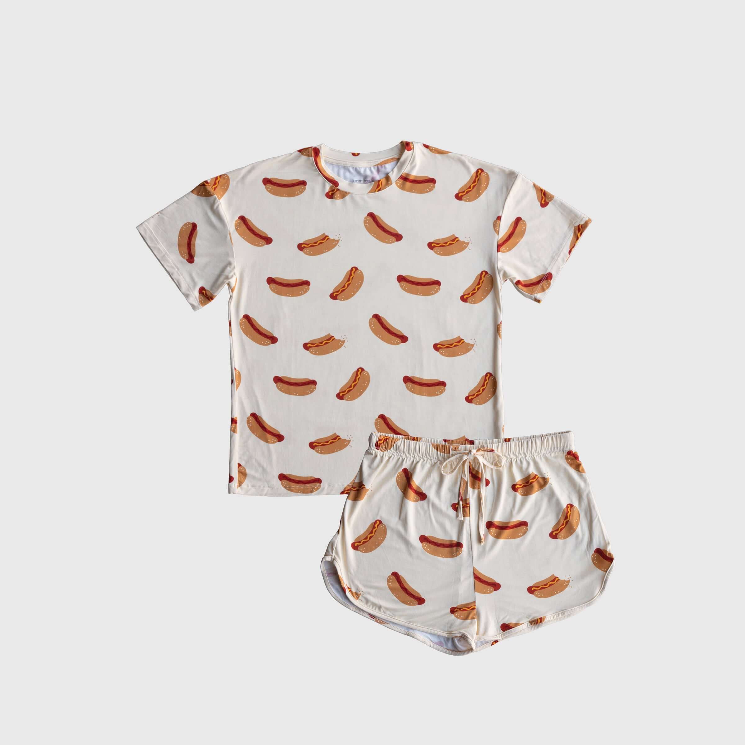 Hot Dogs | Women's Bamboo Short Set featuring a fun hot dog print on a soft t-shirt and matching shorts.