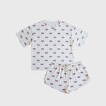 Americana |  Ribbed Women's Bamboo Short Set featuring a soft oversized t-shirt and drawstring shorts, perfect for warm weather.