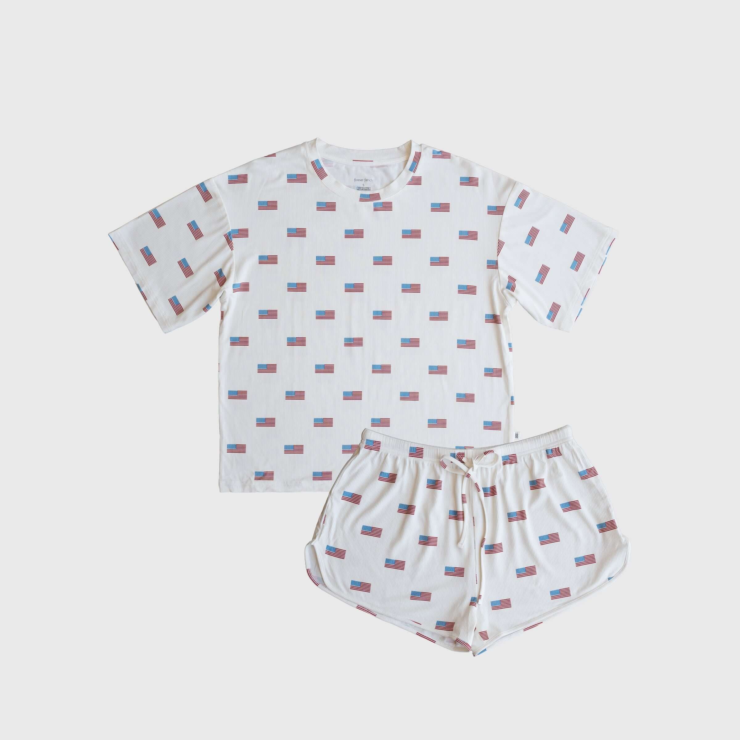 Americana |  Ribbed Women's Bamboo Short Set featuring a soft oversized t-shirt and drawstring shorts, perfect for warm weather.